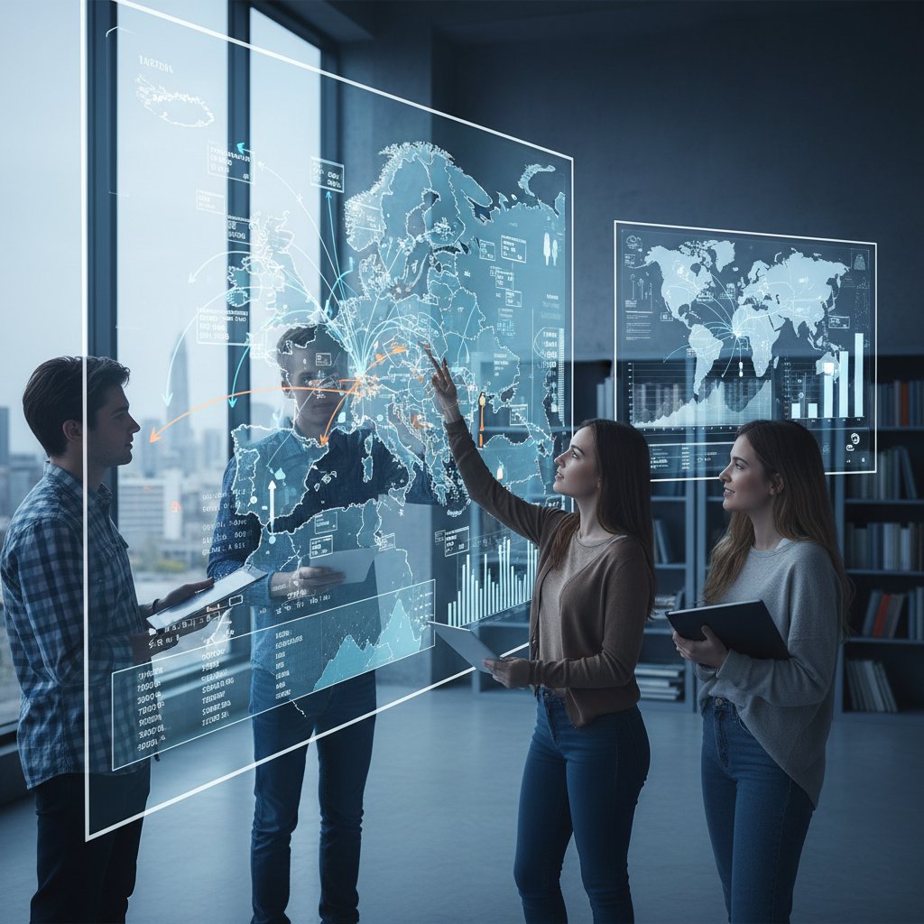 Grupa uczniów analizujących cyfrowe mapy migracji i granic w Europie na dużym ekranie