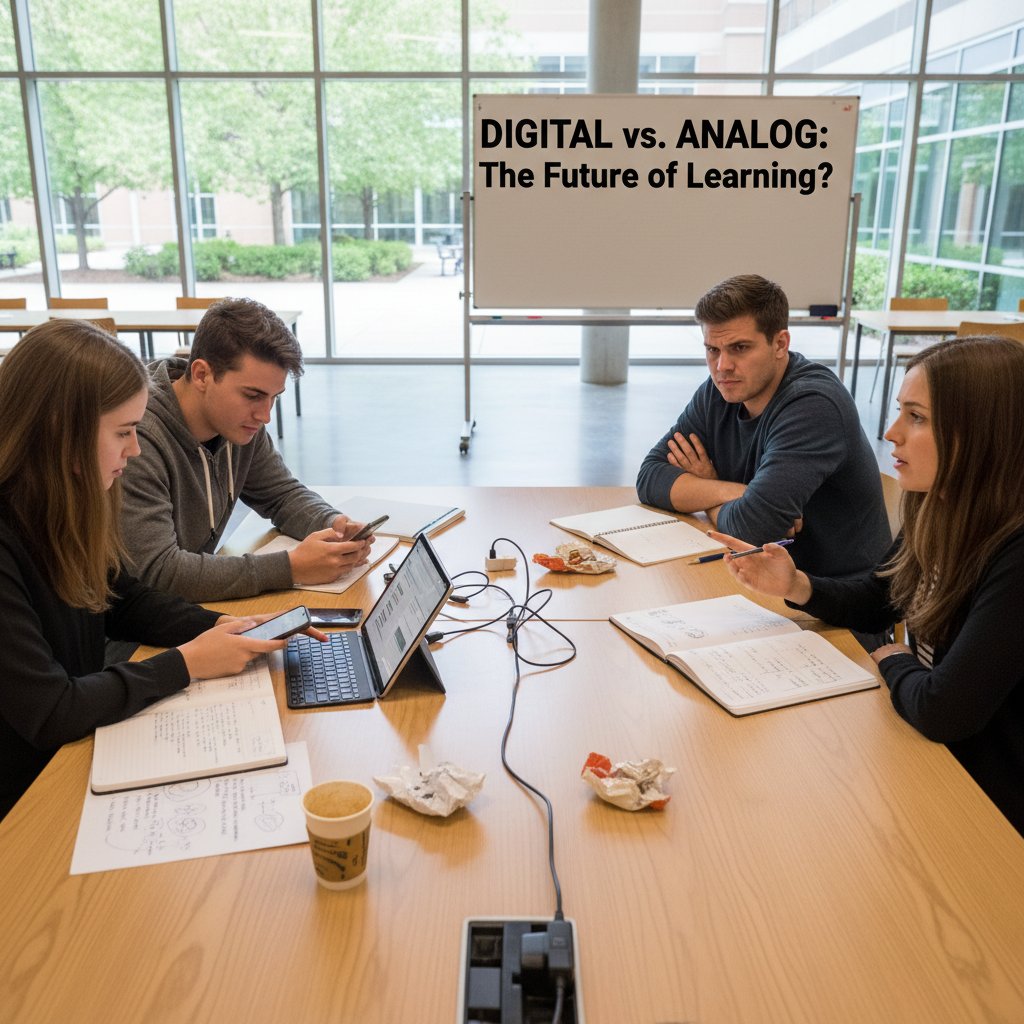 Studenten in Diskussion, einige am Smartphone, andere mit Notizbuch – geteilte Meinungen zu digitalen Tools