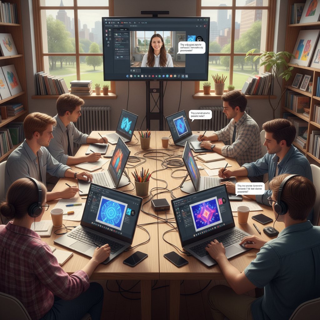 Uczniowie korzystają z tabletu graficznego i aplikacji AI podczas lekcji plastyki online