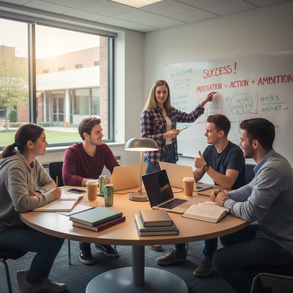 Grupa uczniów motywujących się wzajemnie, plan nauki, wsparcie społeczne