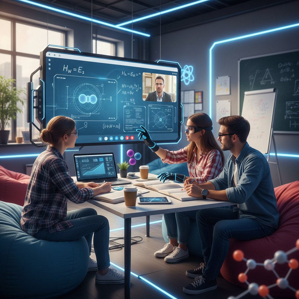 Grupa uczniów podczas wspólnej nauki chemii kwantowej online, ekran z zadaniami, atmosfera współpracy