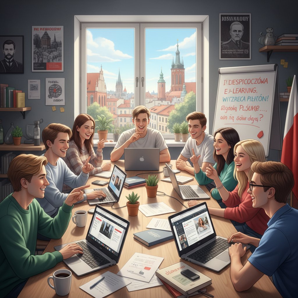 Uczniowie korzystający z komputerów, radość z wyników, edukacja online w praktyce