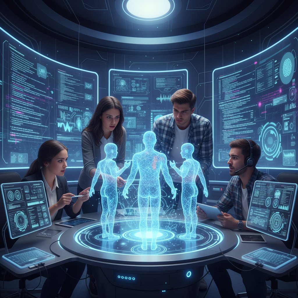 Studenci podczas debaty moderowanej przez awatara AI w nowoczesnej sali warszawskiej uczelni