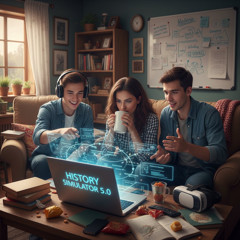 Uczniowie w domu korzystający z laptopa i symulatora historii online