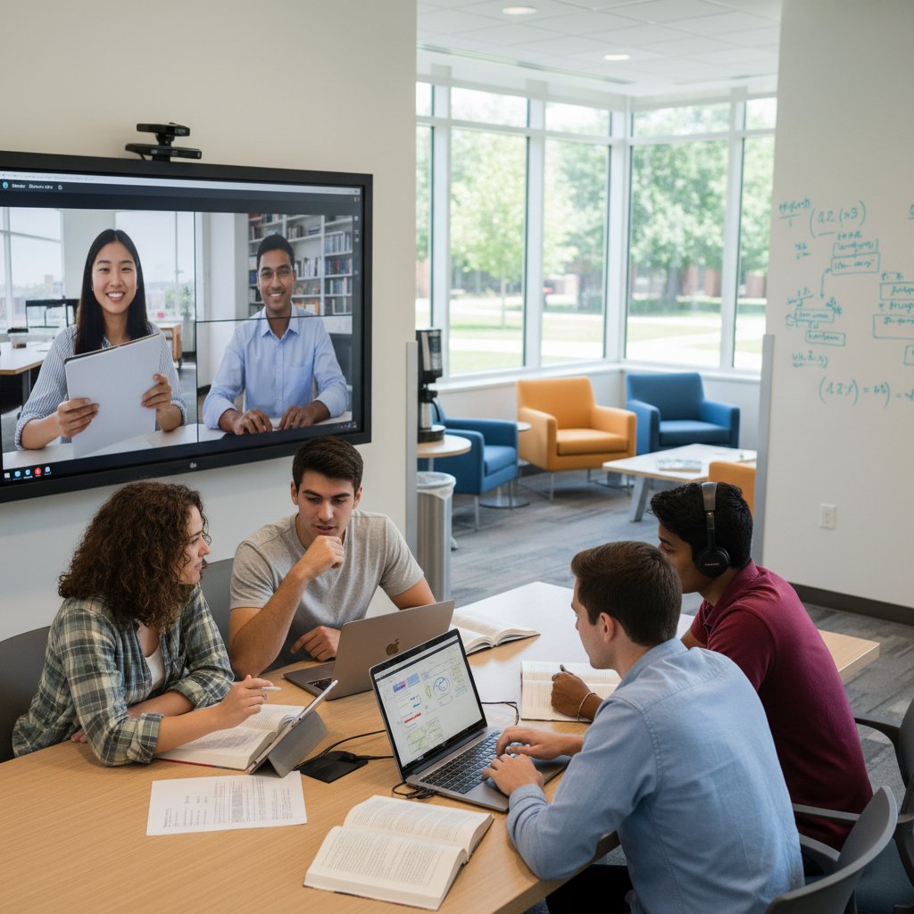 Uczniowie uczący się wspólnie – część korzysta z laptopa, część z papierowych notatek, atmosfera współpracy