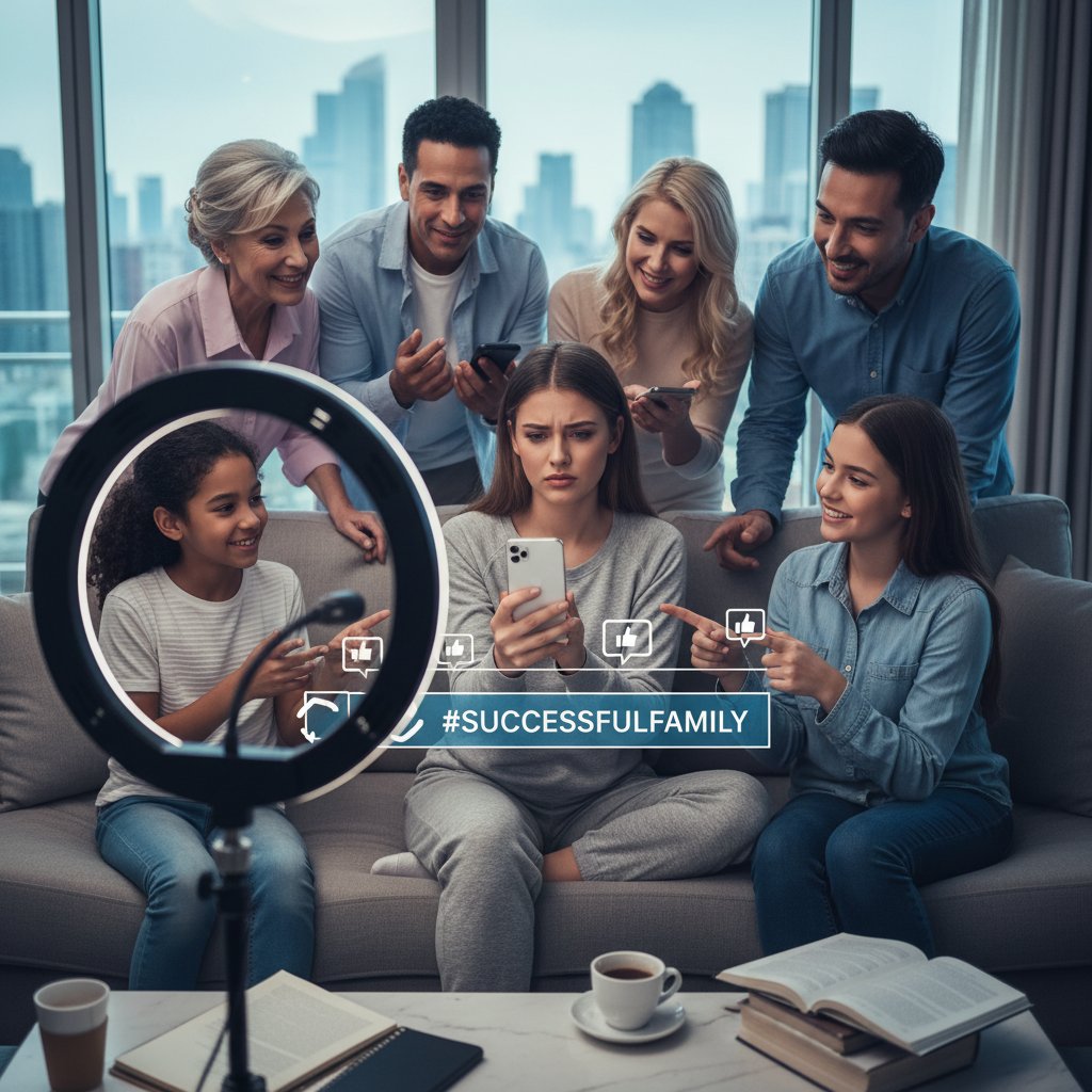 Studenci na uczelni, influencer z telefonem, rodzina z dziećmi, presja społeczna