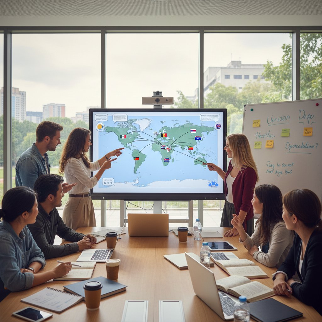 Schüler aus verschiedenen Ländern arbeiten gemeinsam an einer Aufgabe