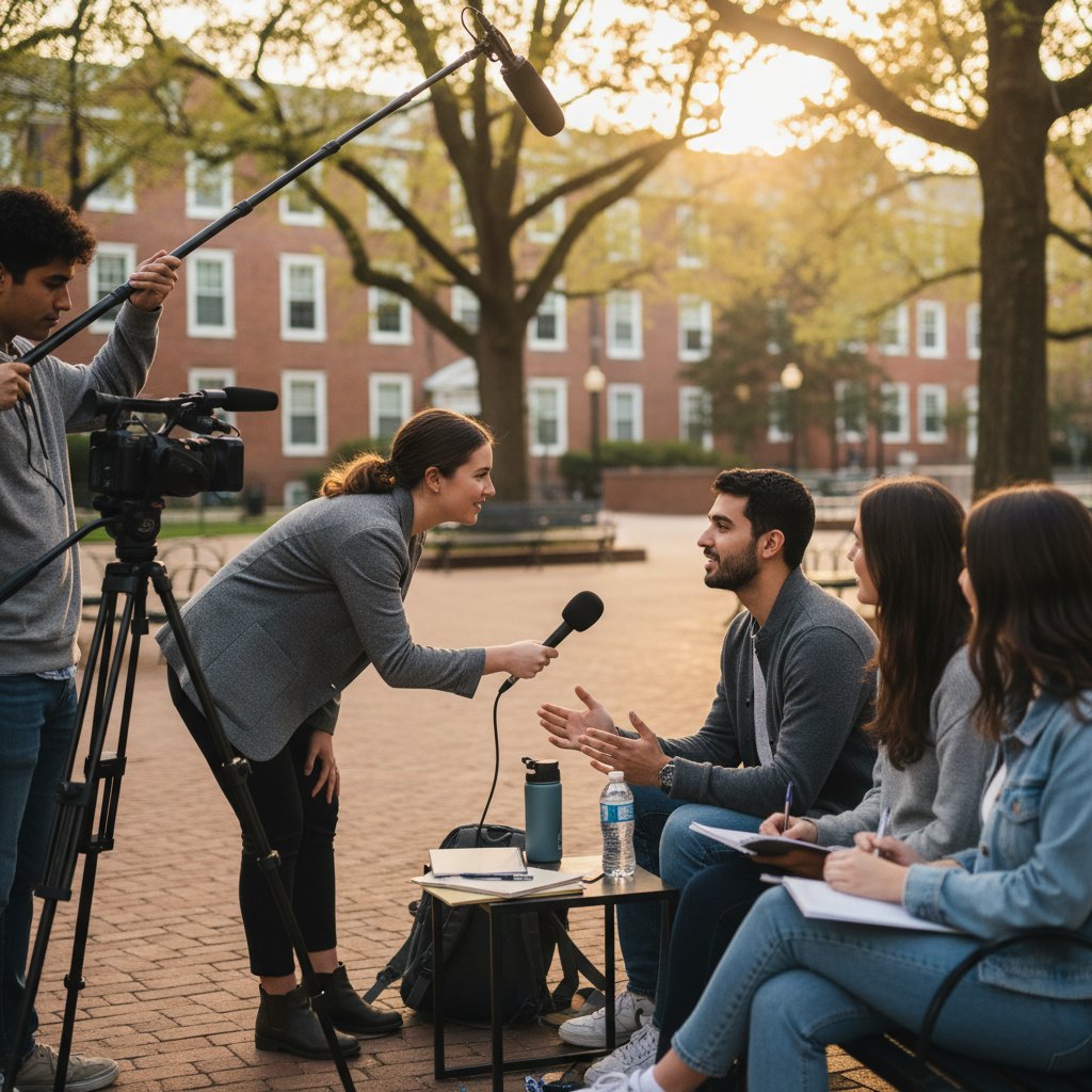 Grupa studentów ćwiczących symulację wywiadu na zajęciach dziennikarskich