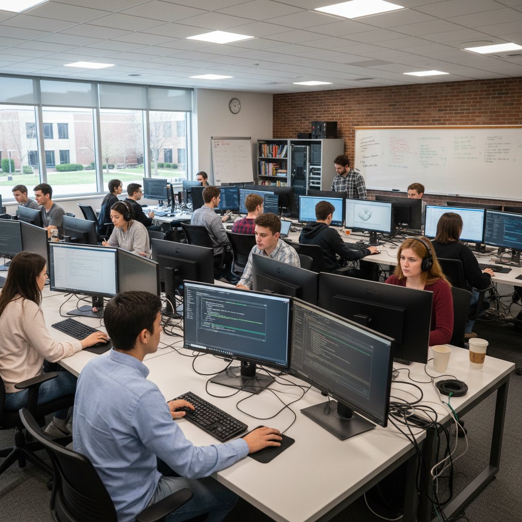 Infografika – uczniowie pracujący z komputerami podczas ćwiczeń praktycznych