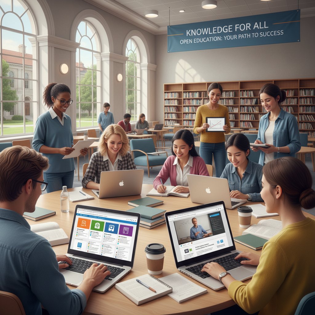 Uczniowie w bibliotece korzystający z laptopów i otwartych materiałów edukacyjnych