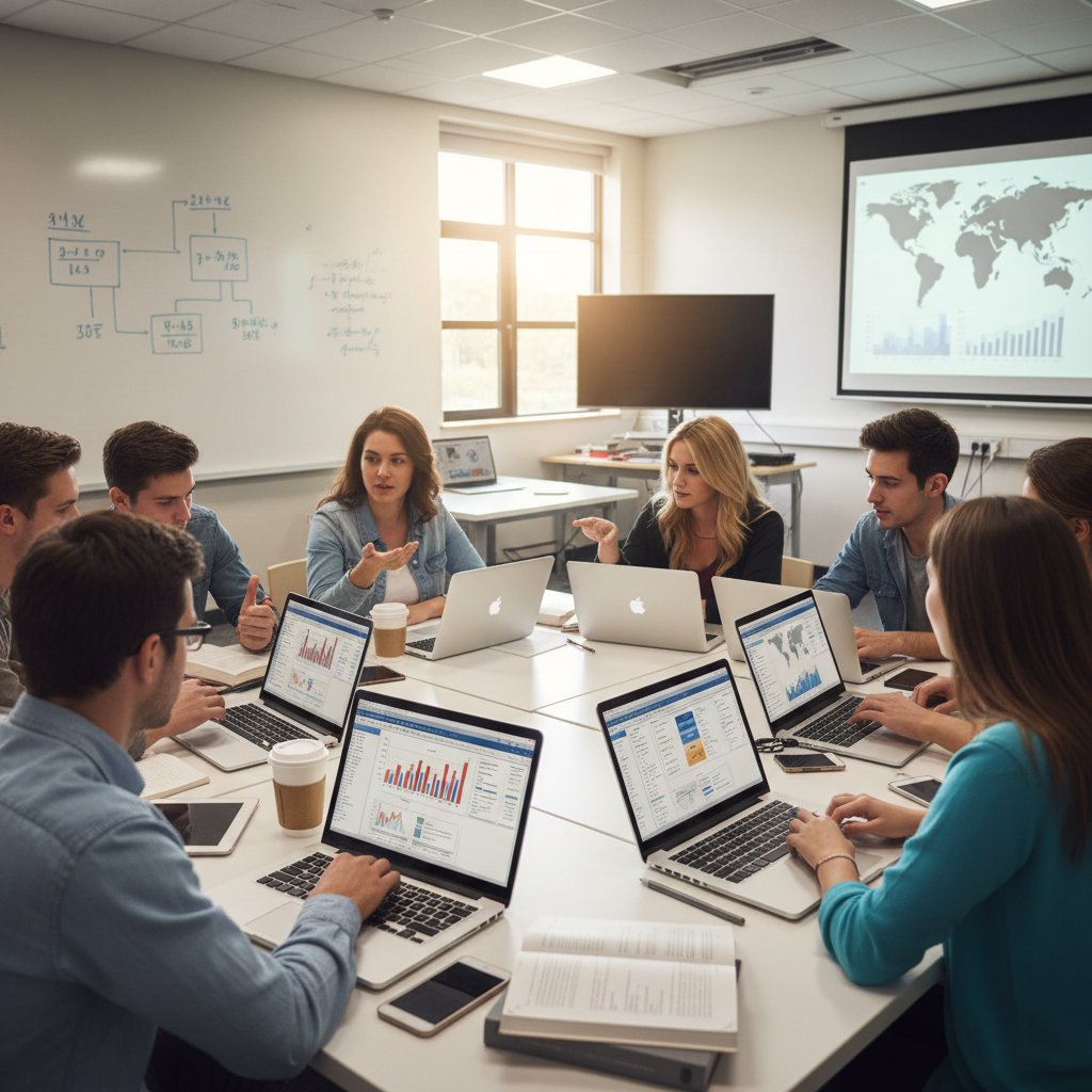 Studenci grający w symulację ekonomiczną na laptopach w sali wykładowej