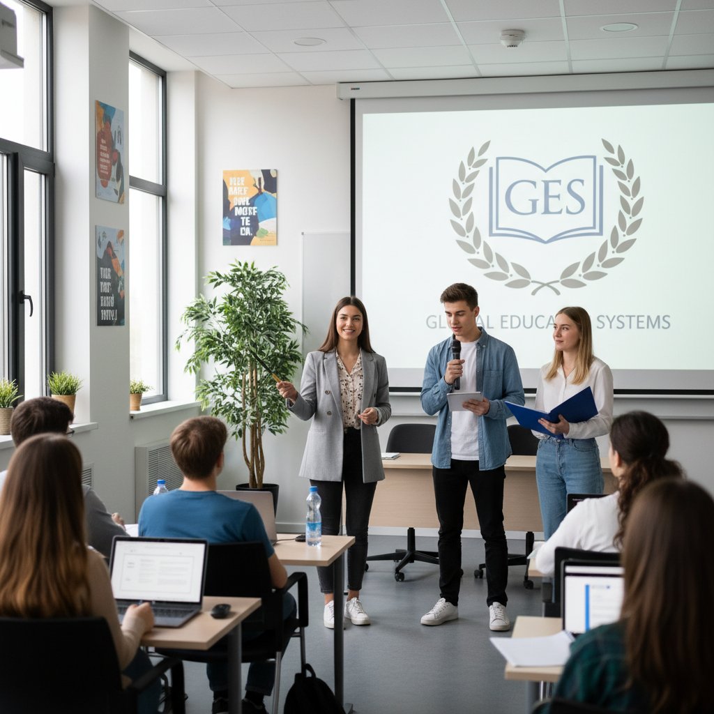 Grupa uczniów prezentuje własnoręcznie zaprojektowane logo na tablicy