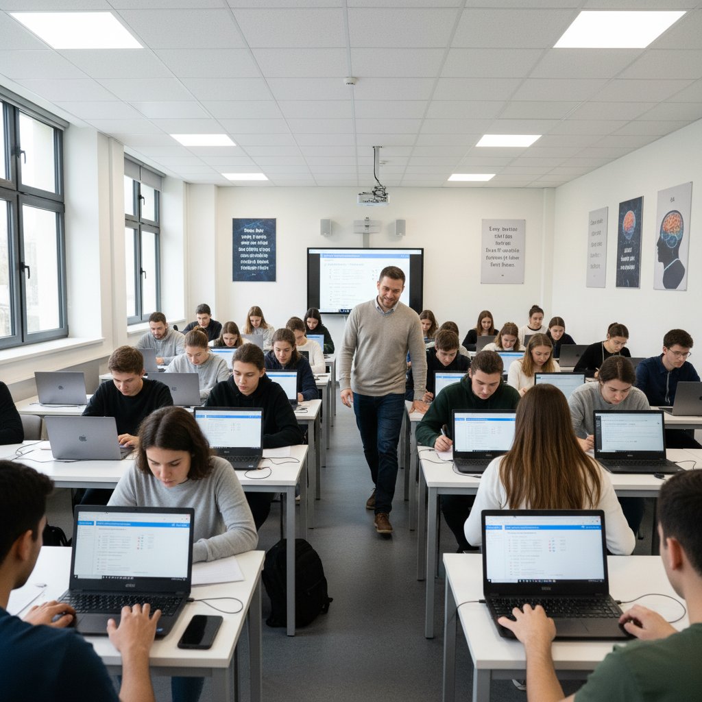 Uczniowie rozwiązujący testy psychologiczne na laptopach w klasie, nauczyciel nadzoruje
