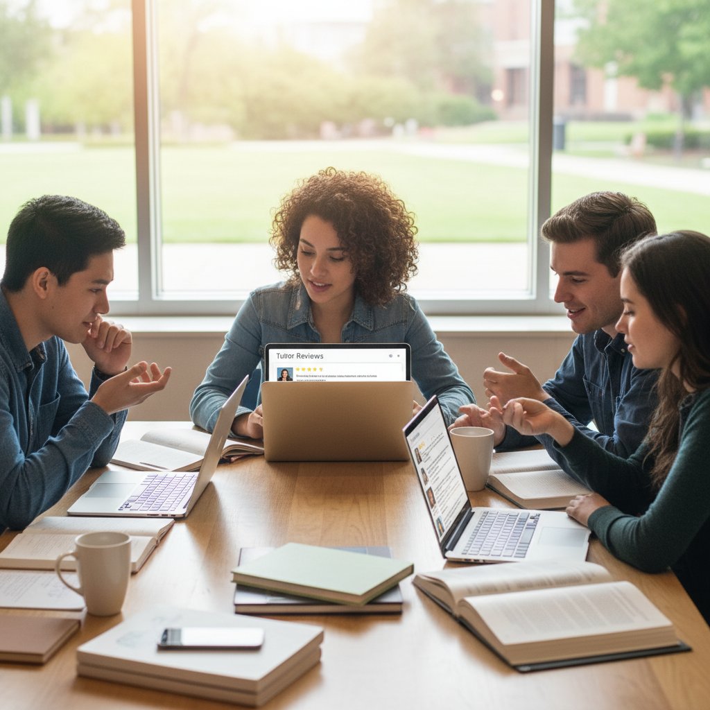 Uczniowie przeglądający opinie o korepetytorach online na laptopach