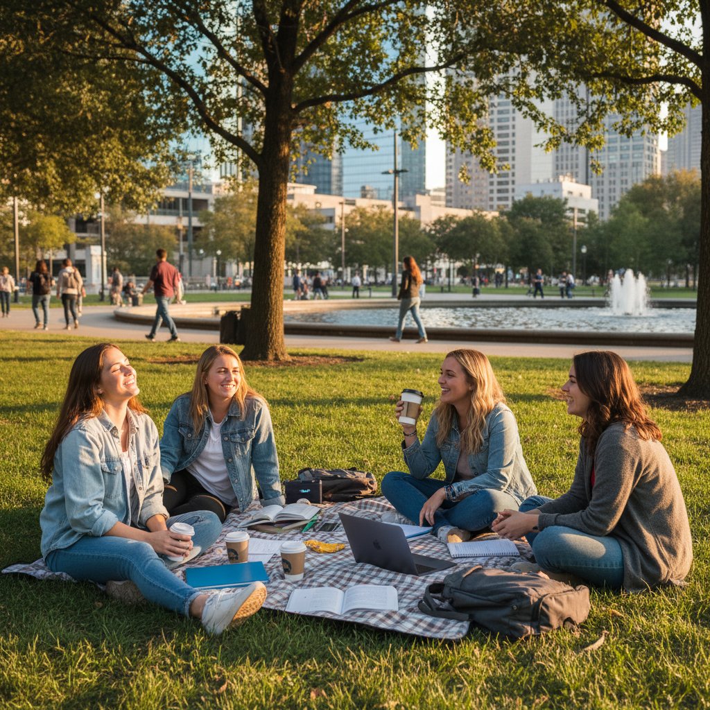 Uczniowie odpoczywający w parku po nauce, beztroska atmosfera, regeneracja
