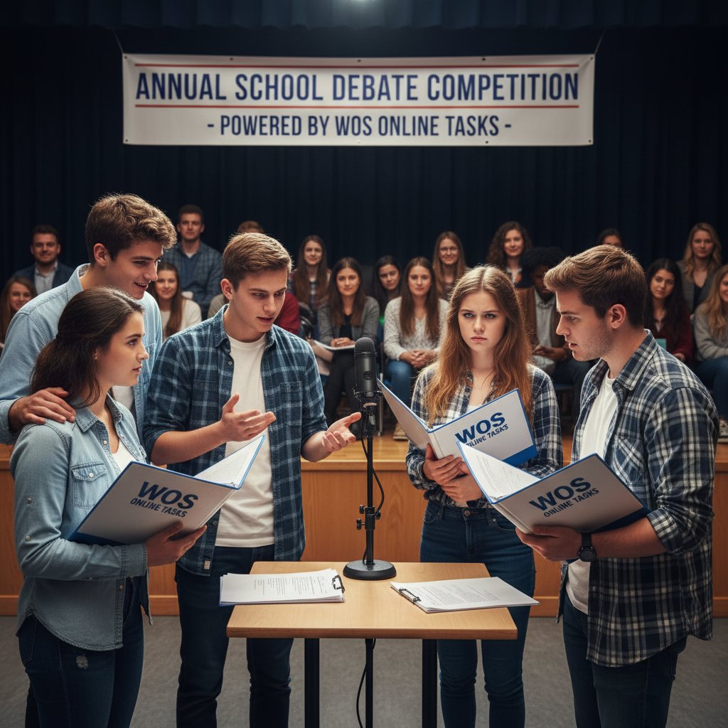Uczniowie podczas debaty szkolnej, przygotowani dzięki zadaniom WOS online, emocje, praca zespołowa