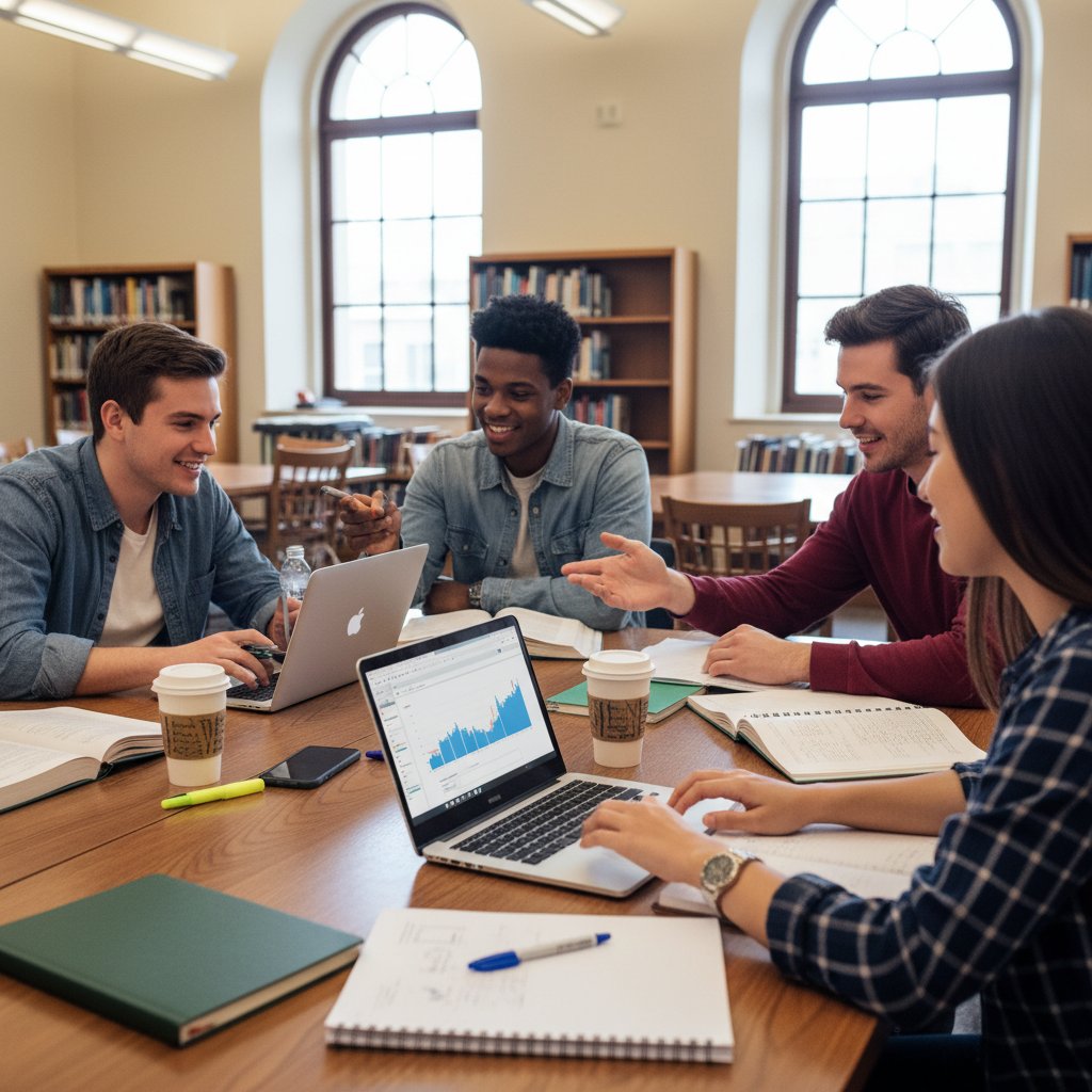 Grupa uczniów przy stole, laptop, zeszyty, atmosfera współpracy i nauki