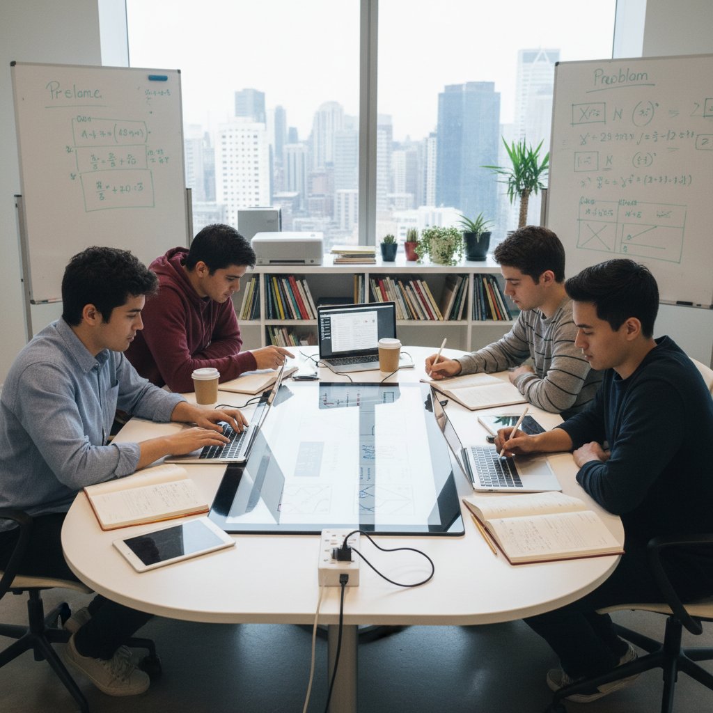 Grupa uczniów korzystająca z tabletów i laptopów, współpraca online, matematyka, atmosfera nowoczesności