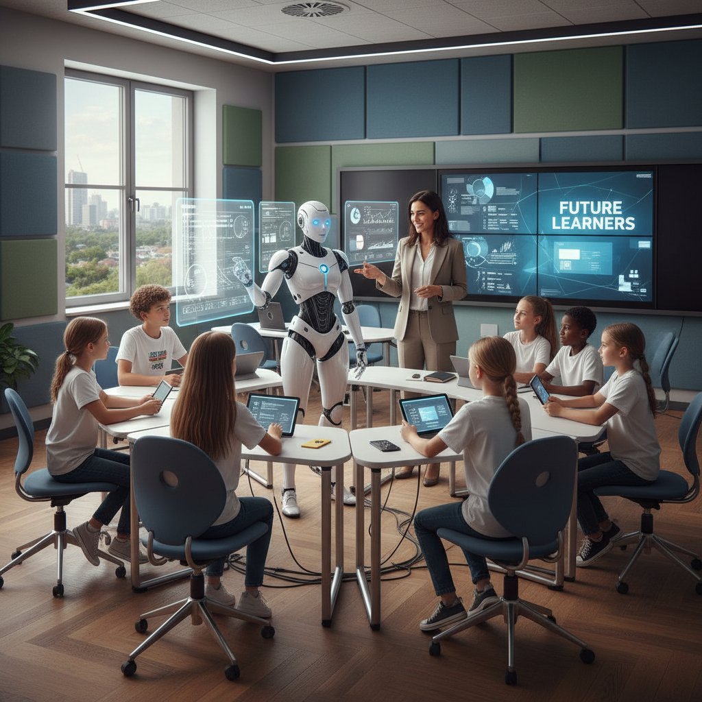 Uczniowie i nauczyciel pracujący z edukacyjnym robotem AI w nowoczesnej klasie, atmosfera skupienia