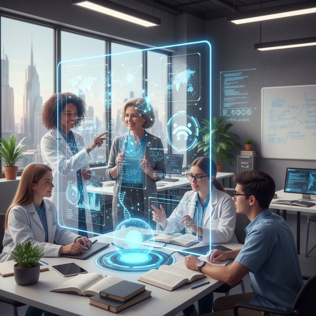 Uczniowie pracujący zespołowo, nauczyciel wykorzystuje AI do lekcji interdyscyplinarnej