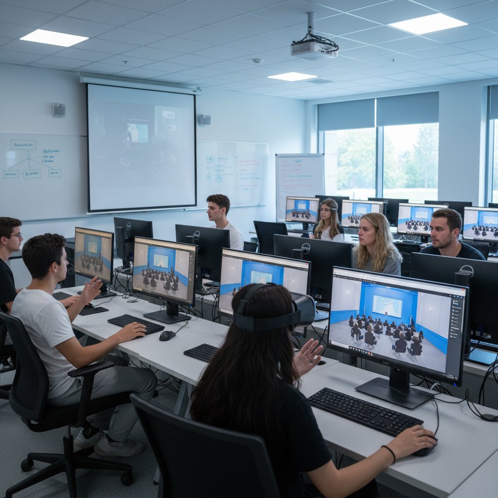 Studenci korzystający z symulatora prezentacji online w sali komputerowej