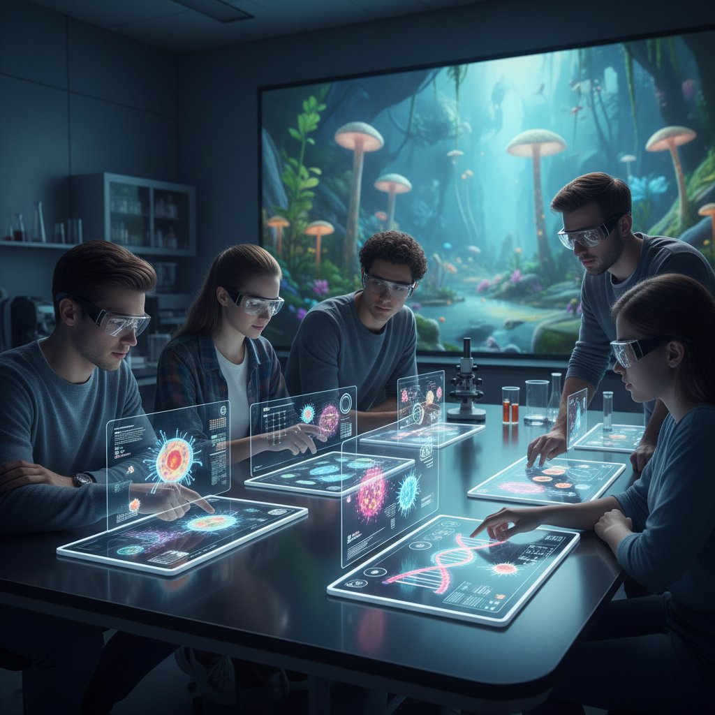 Uczniowie korzystający z wirtualnego laboratorium biologicznego na tablecie