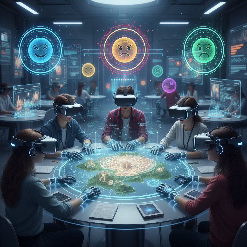 Uczniowie w wirtualnej klasie VR, interaktywna mapa, headsety VR, żywe emocje