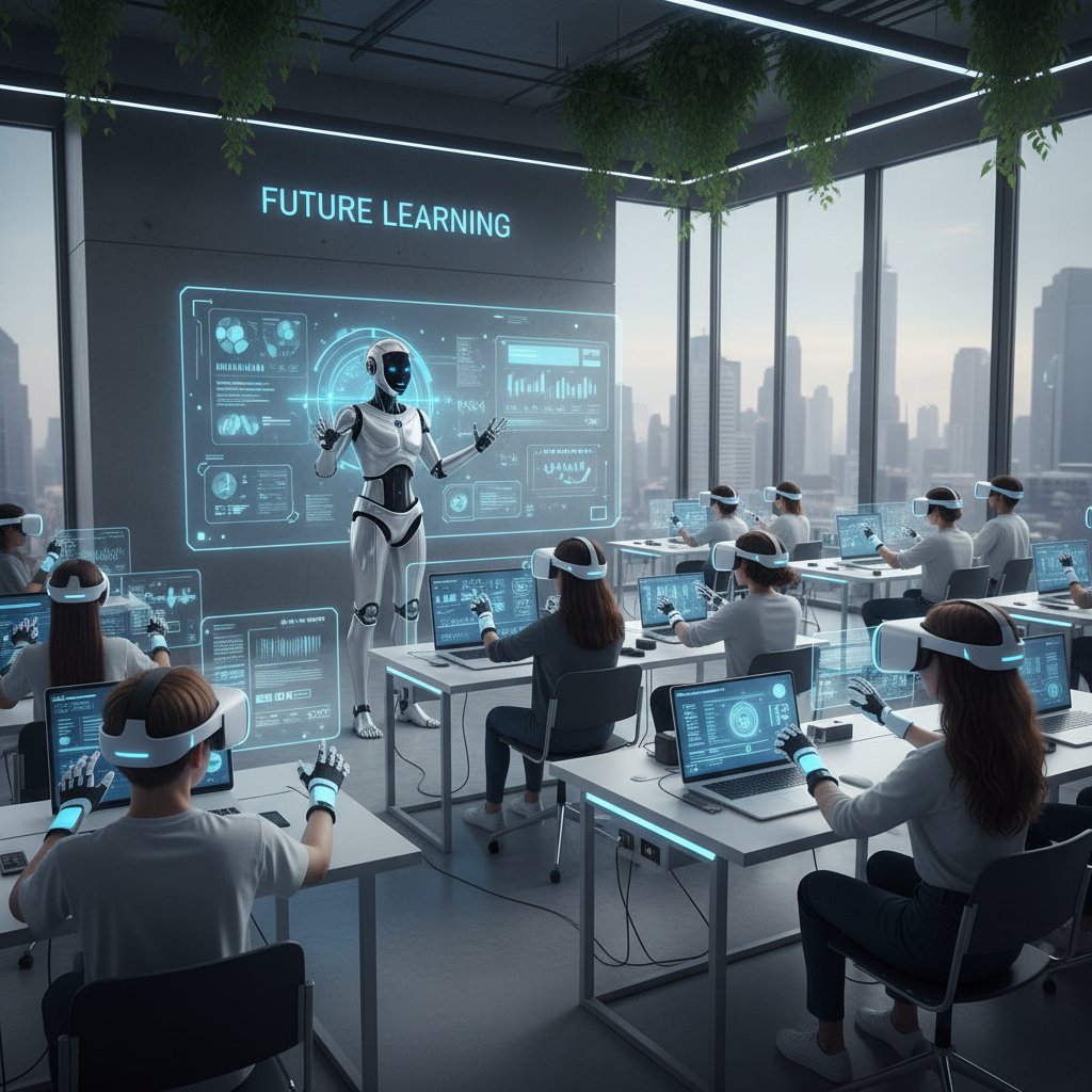 Uczniowie korzystają z VR i AI podczas lekcji online, nowoczesna klasa, słowa kluczowe: nowe technologie w edukacji, przyszłość nauki