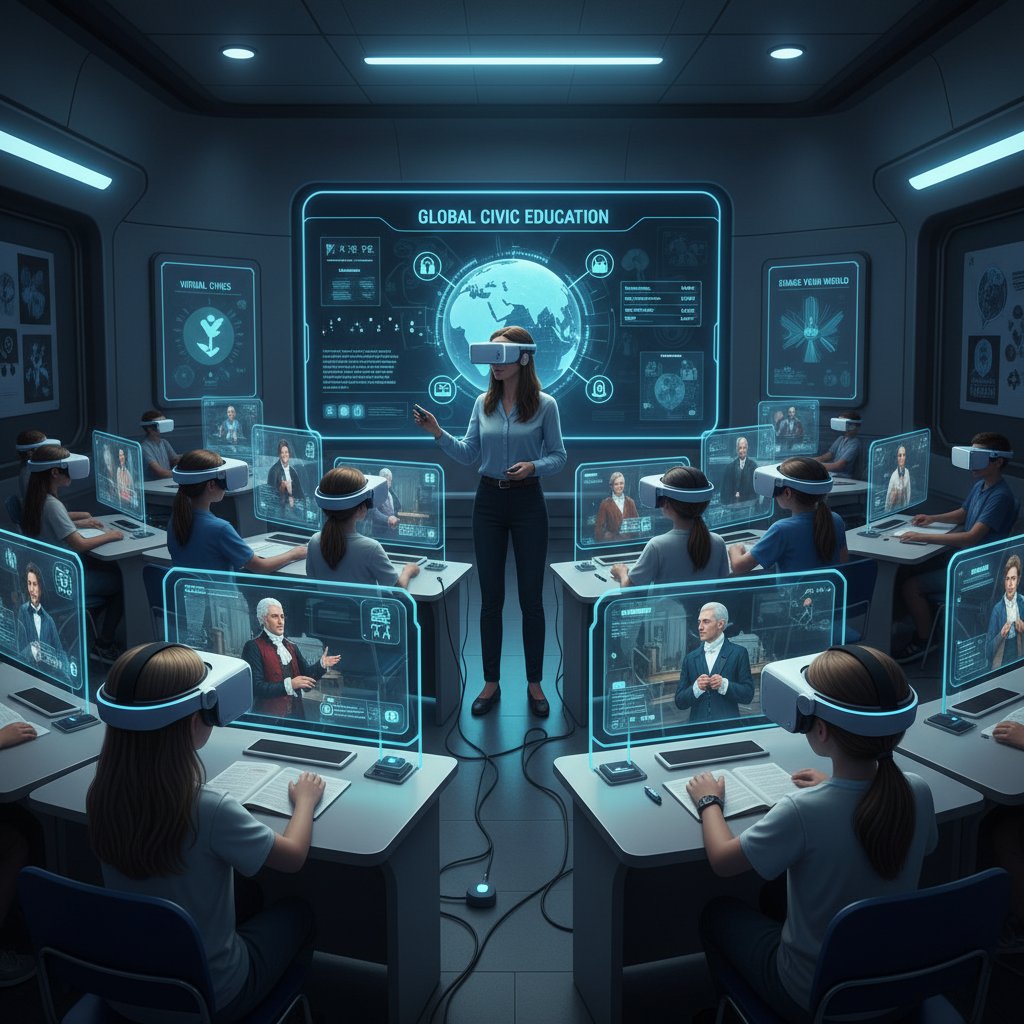 Uczniowie w okularach VR podczas lekcji WOS online, nowoczesna sala, cyfrowe ekrany, interaktywna nauka