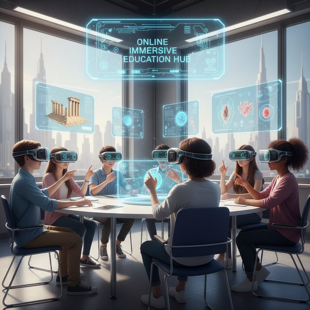 Uczniowie korzystający z VR podczas lekcji online, nowoczesna technologia w edukacji