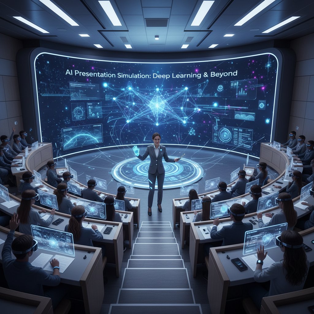 Grupa studentów i wykładowca prowadzący symulację prezentacji z wykorzystaniem narzędzi AI w sali wykładowej