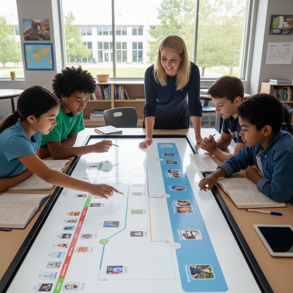 Uczniowie i nauczyciel pracujący wspólnie przy komputerze nad interaktywną linią czasu historyczną