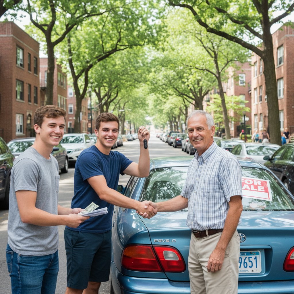 Students successfully buying used car from private seller, public street, happy handshake, confidence in private auto deal