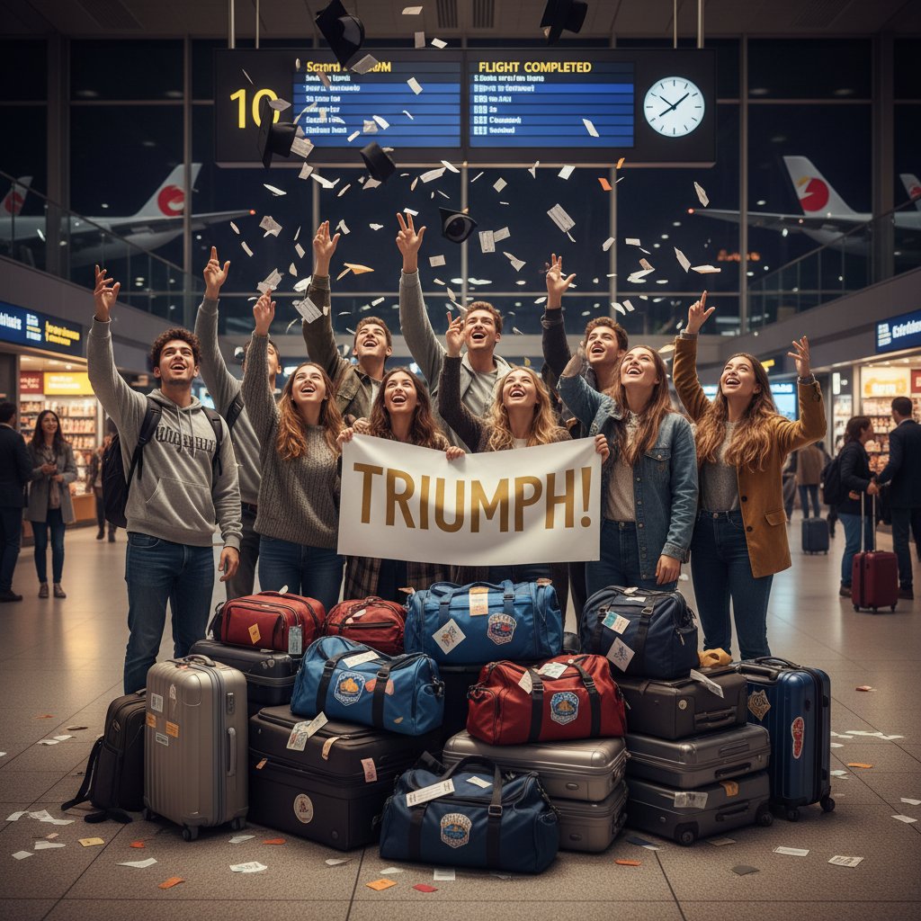 Group of students celebrating at airport at night, candid, luggage everywhere, sense of triumph