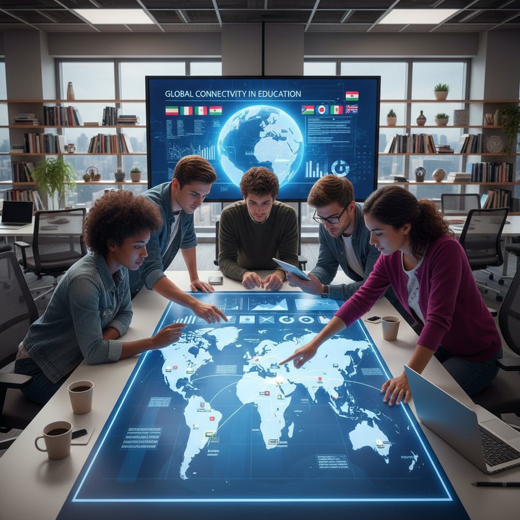 Uczniowie współpracują z rówieśnikami z zagranicy, tło cyfrowa mapa świata