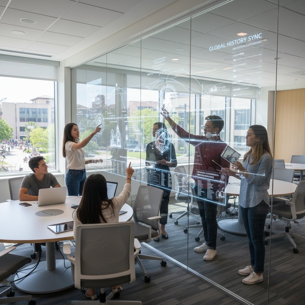 Uczniowie tworzący linię czasu dwudziestolecia, praca zespołowa online, nowoczesne narzędzia edukacyjne