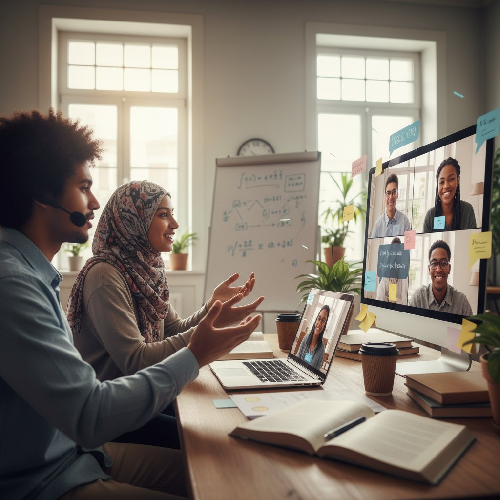 Uczniowie współpracujący online w aktywnej dyskusji