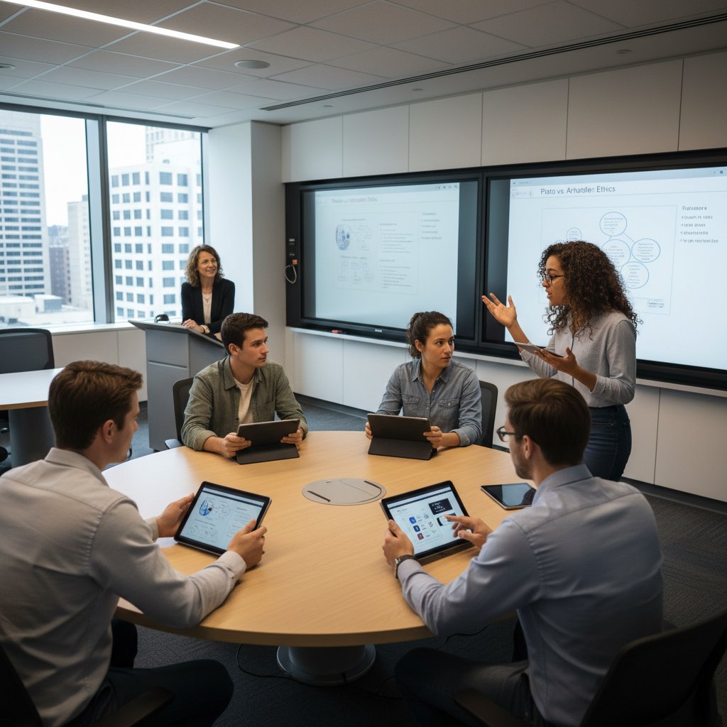 Młodzież podczas interaktywnej lekcji filozofii, angażująca się w debatę z użyciem tabletów