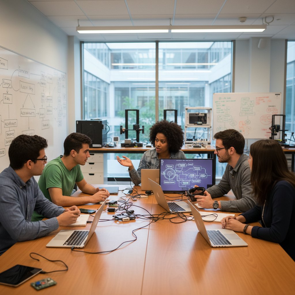 Grupa studentów dyskutuje o etyce technologicznej podczas warsztatów