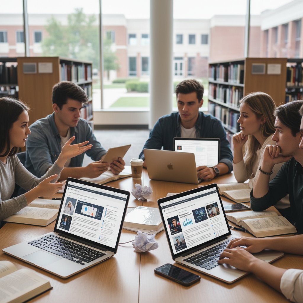 Studenci dyskutujący nad laptopem, wyraźny podział opinii o AI