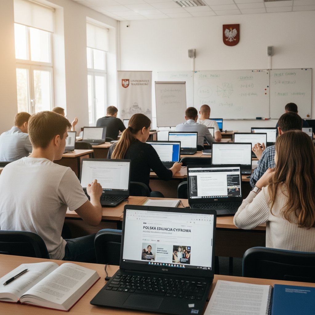 Uczniowie korzystający z laptopów podczas nauki zdalnej w domowym zaciszu, zadania z języka polskiego na ekranie