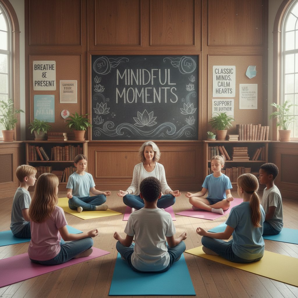 Grupa uczniów podczas zajęć relaksacyjnych lub mindfulness w szkole klasycznej, wsparcie emocjonalne