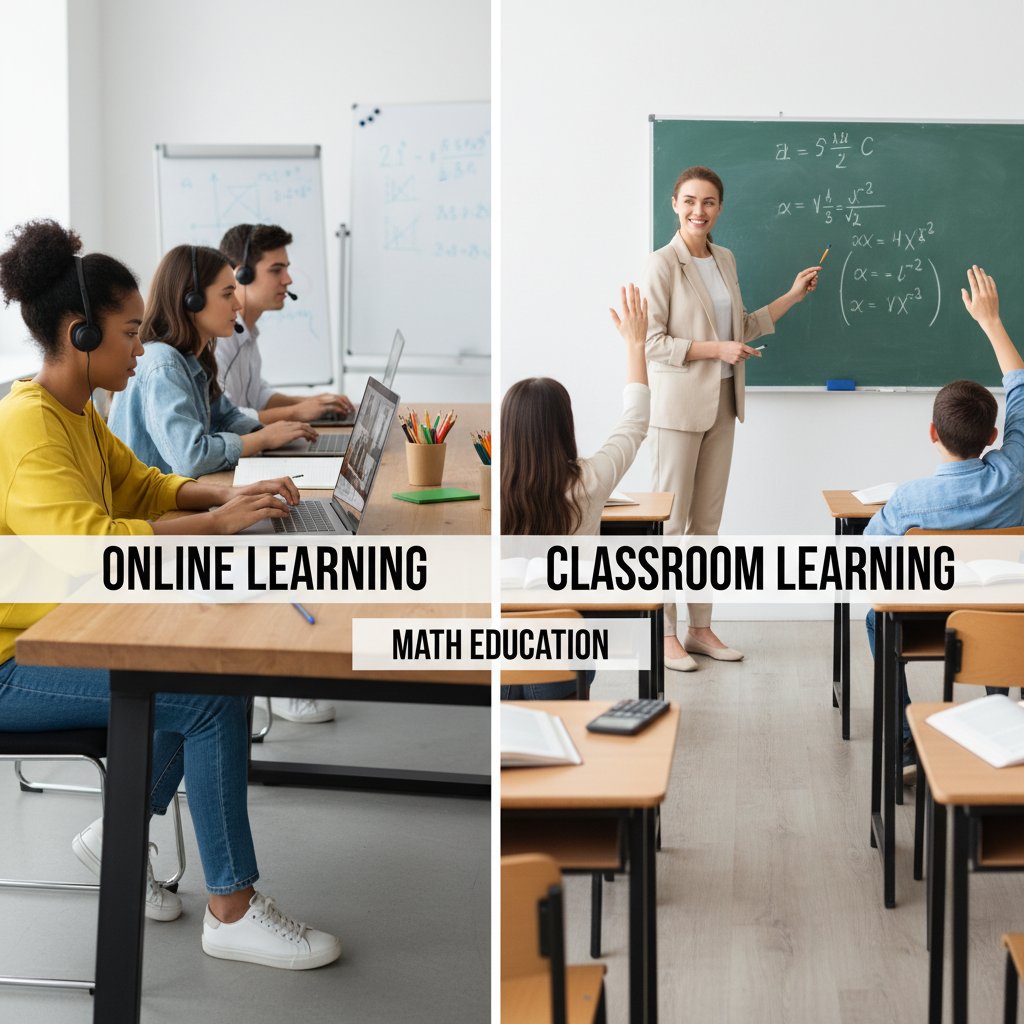 Dwóch uczniów przy komputerach, jeden w domu, drugi w tradycyjnej klasie, porównanie nauki online i offline, pierwiastki online korepetycje