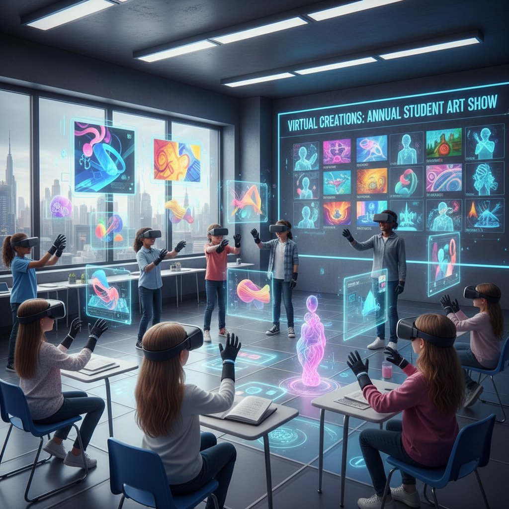 Uczniowie biorący udział w interaktywnej lekcji o sztuce nowoczesnej na wirtualnej wystawie