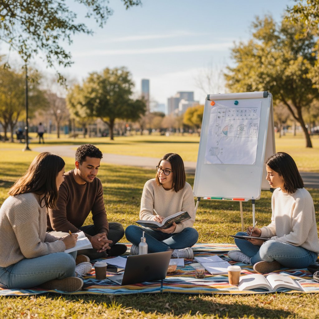 Grupa uczniów uczy się wspólnie w parku, dyskusja, wymiana wiedzy