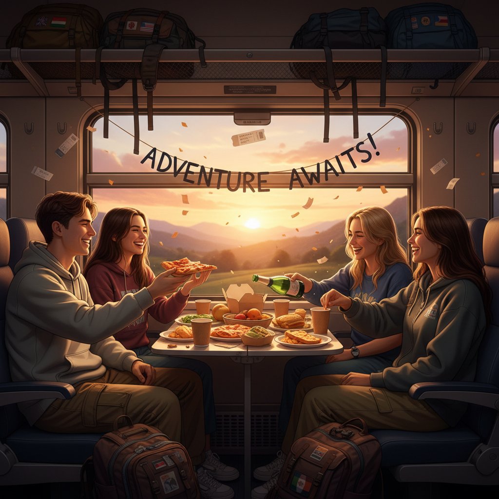 Students sharing food and stories on a train at sunset, backpacks and travel gear, golden hour, travel celebration