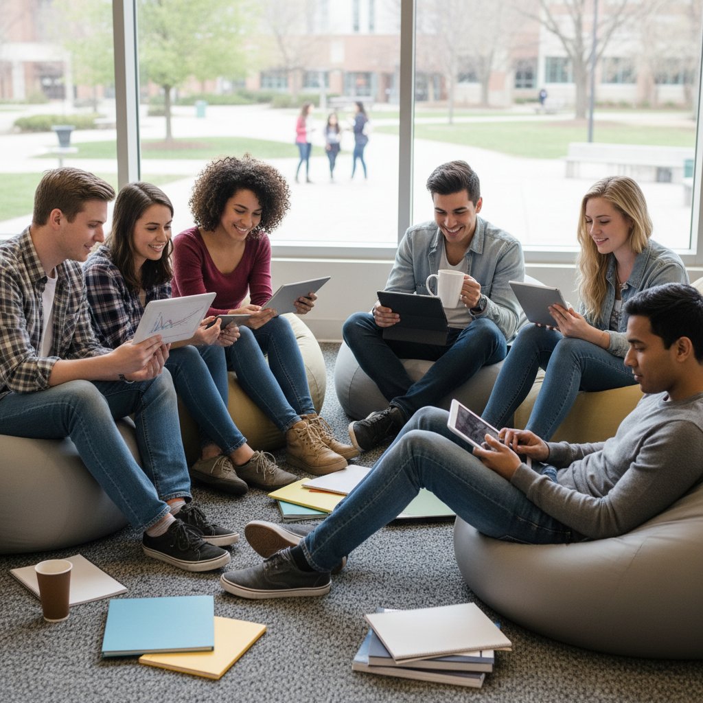 Uczniowie uczący się wspólnie z tabletami w nieformalnej grupie, najlepsze kursy przygotowawcze do matury