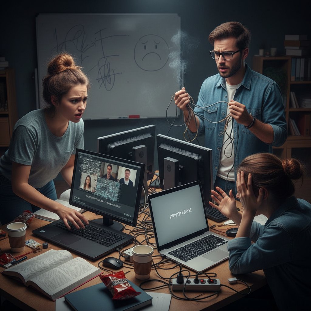 Uczniowie zmagający się z problemami technicznymi podczas lekcji online, frustracja, komputery