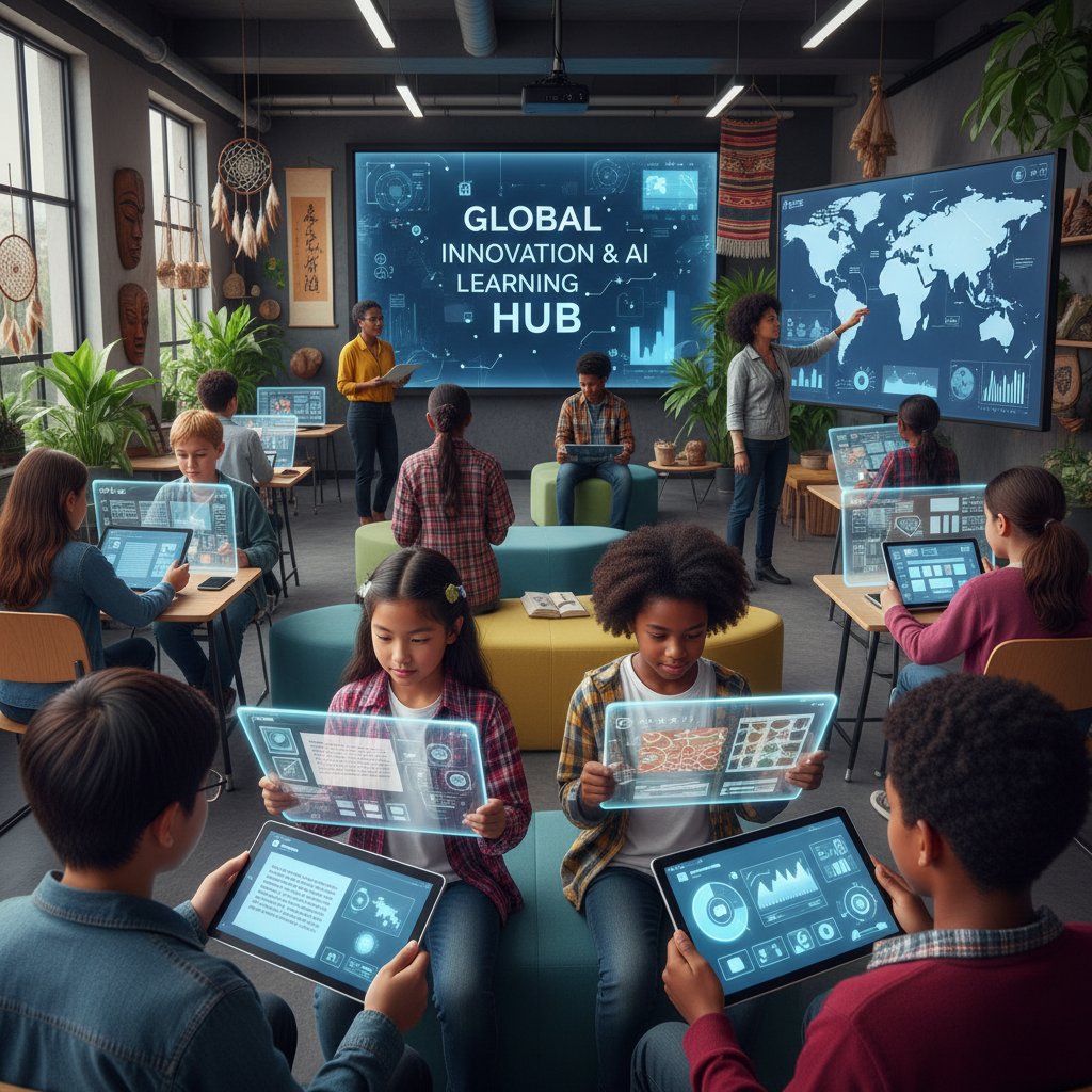 Uczniowie w różnych krajach korzystający z AI podczas lekcji, różnorodność kulturowa