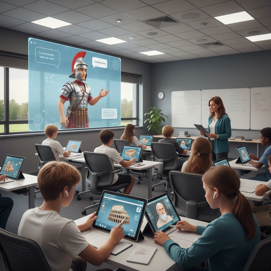 Uczniowie korzystający z AI podczas lekcji historii, nauczyciel nadzoruje rozmowę z symulowaną postacią, keywords: szkoła AI, edukacja przez rozmowę, nowoczesna nauka